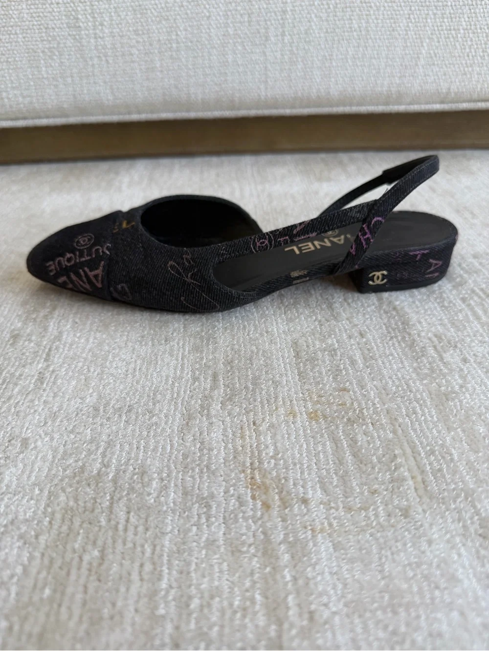 CHANEL Denim Logo Slingback Flats